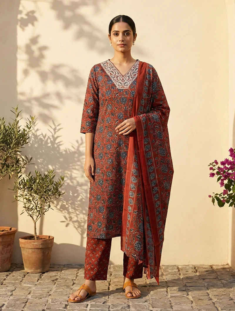 ترو برونز trueBrowns Rust Floral Print Embroidered V-Neck Kurta Pant Dupatta Set